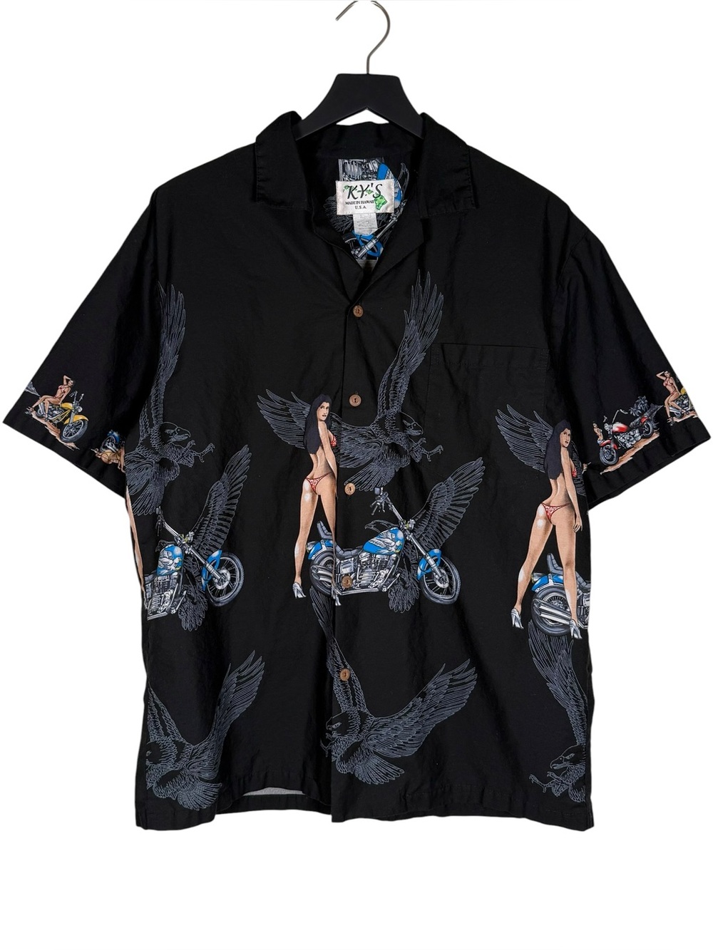 Ky’s Size L Vintage Hawaiian Motorcycle Short Sleeve Button Up Shirt 100% Cotton